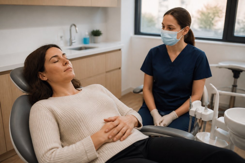 A calm patient reclined in a modern dental chair with eyes closed, hands resting gently on her stomach as she practices slow breathing, while a friendly dentist waits patiently beside her in a bright, clean office