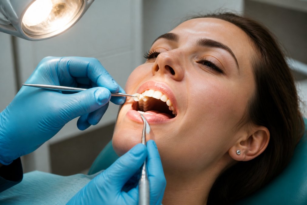 Dentist applying composite resin to close a gap as an alternative to veneers for gaps during a dental procedure.
