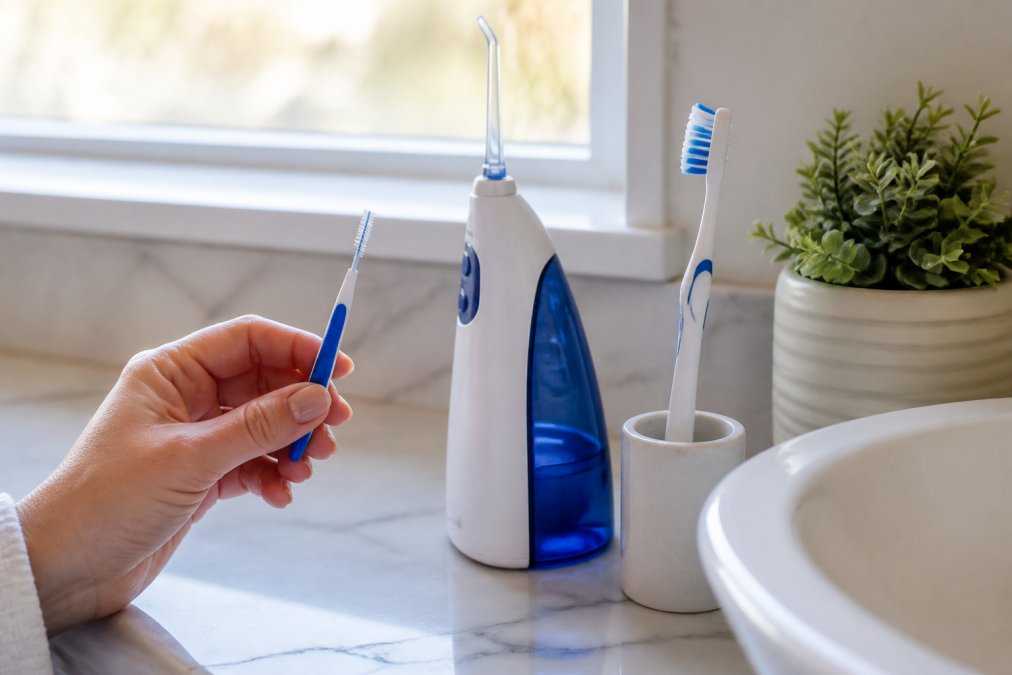 A close-up of a patient's hand holding an interdental brush and a water flosser on a bathroom counter next to a soft-bristled toothbrush, with soft natural window light