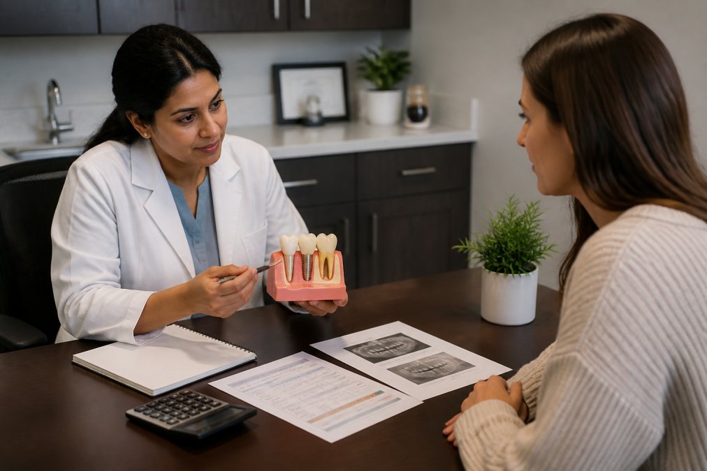 A dental professional in a modern office showing an implant model to a seated patient, both looking at the model with a treatment plan on the desk
