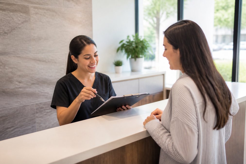 A patient checking in at a modern dental clinic reception desk, speaking with a friendly staff member who is reviewing insurance paperwork on a clipboard, warm natural light from large windows