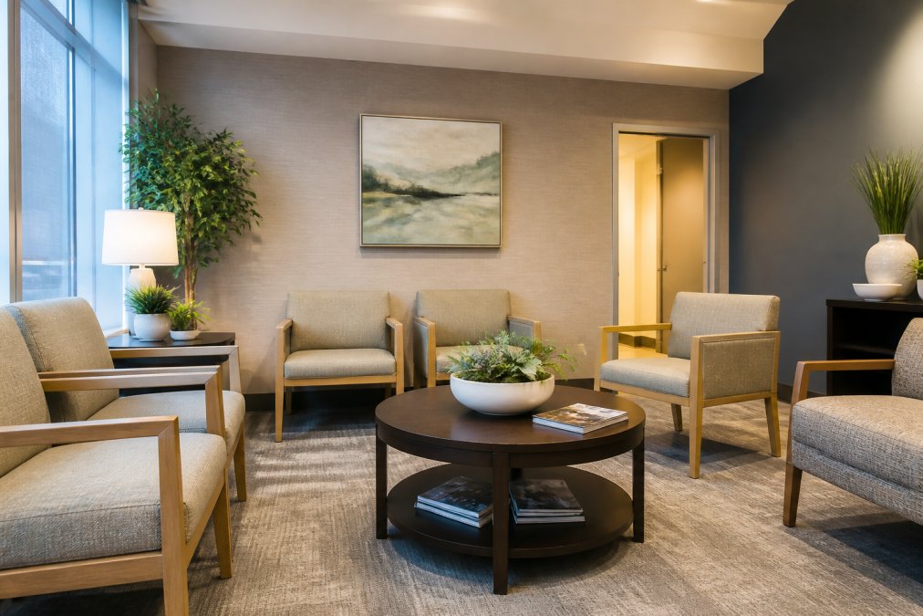 A calm, softly lit dental office waiting room with comfortable seating, warm neutral tones, a small table with magazines, and no harsh clinical equipment visible