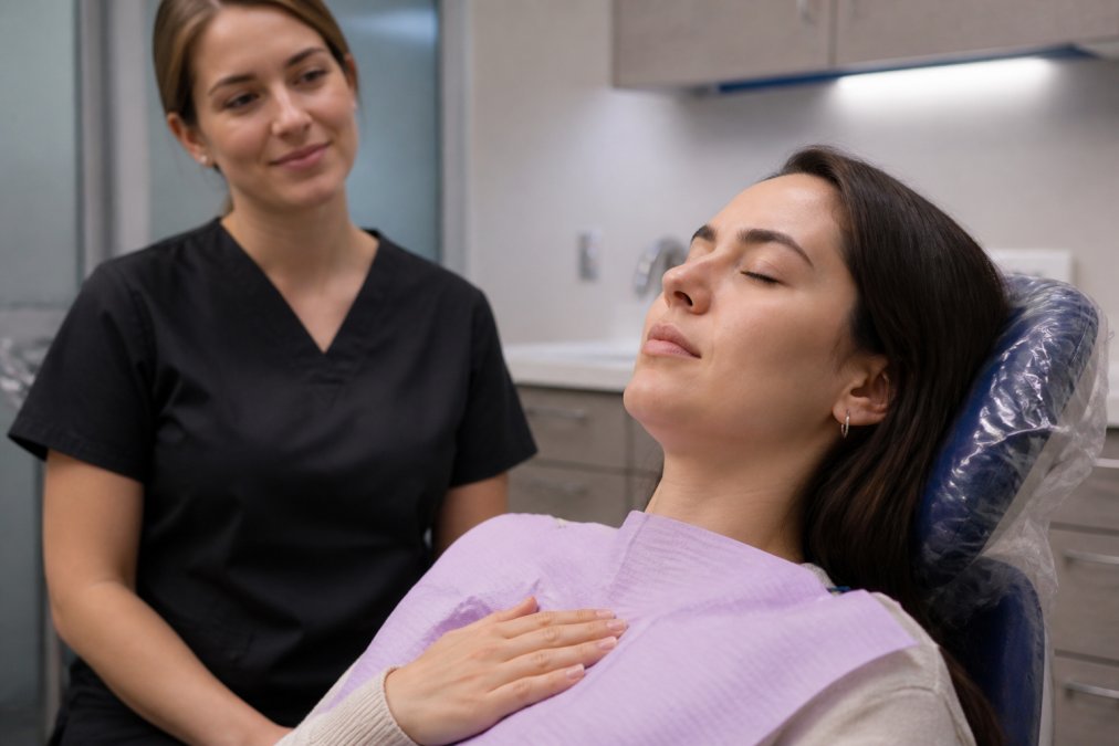 A calm patient reclined in a dental chair with eyes closed, practicing slow deep breathing, while a gentle dental professional stands nearby with a reassuring expression in soft clinical lighting